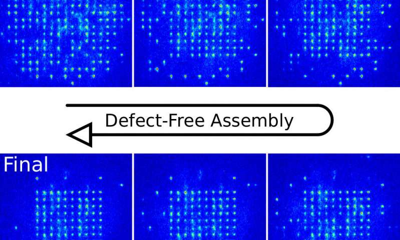 The defect-free assembly of 2-D clusters with over 100 single-atom quantum systems