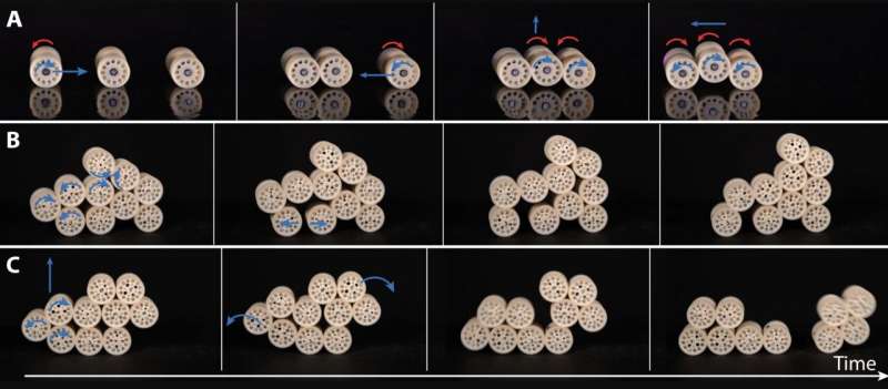 Self-organizing robotic aggregate design inspired by flowing and rigid behaviors of sandpiles